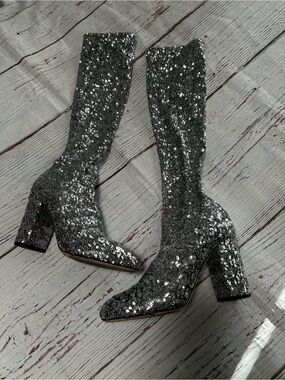 Dolce & Gabbana Silver Sequin Knee-High Block Heel Sock Boots Sz 37